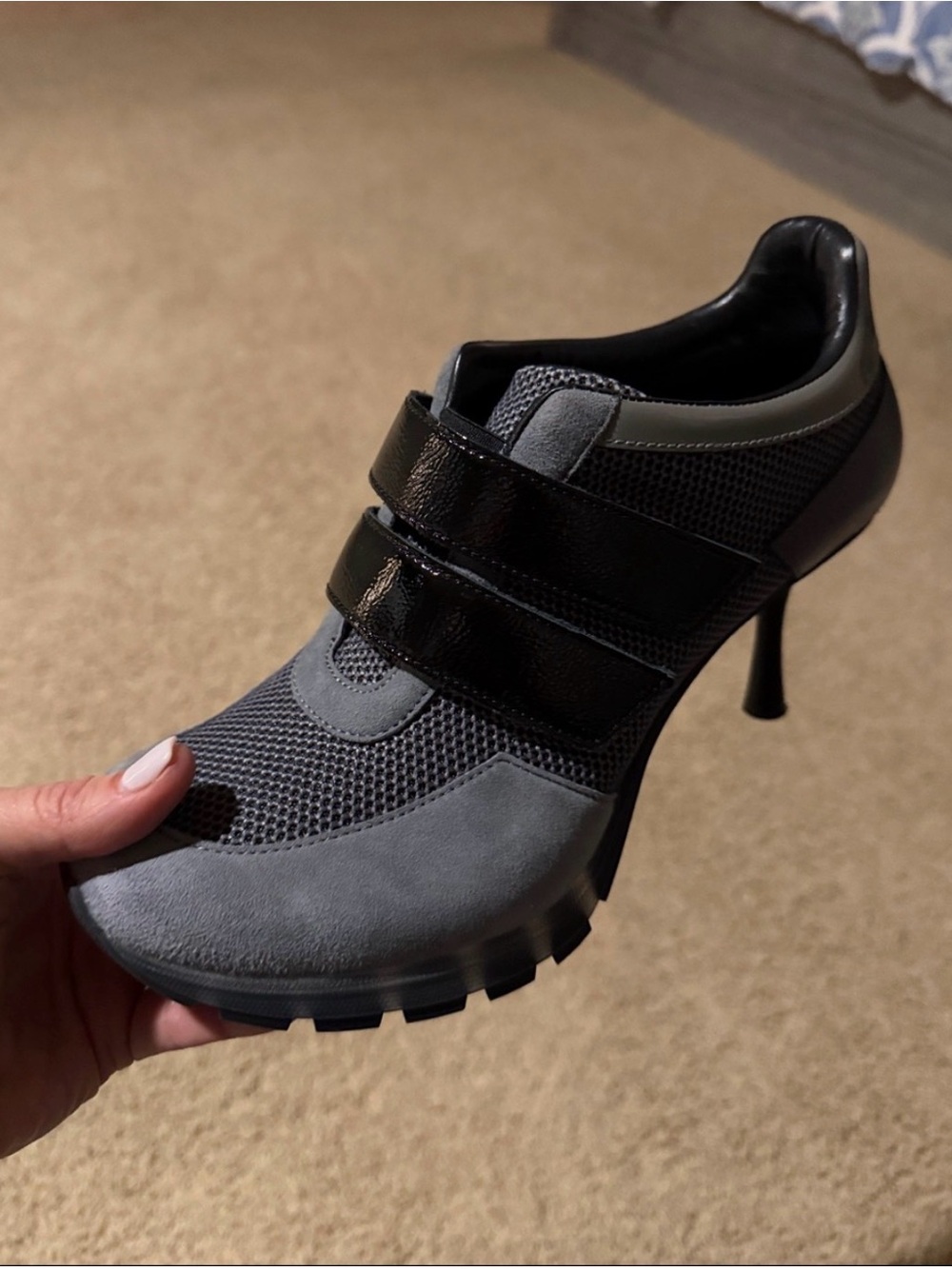 Women's Gray Suede & Mesh High-Heel Sneaker with Patent Straps